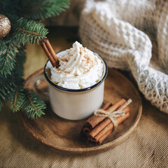 cup of hot chocolate with cinnamon sticks