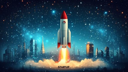 Obraz premium A futuristic rocket launching above a city skyline, symbolizing innovation and startup culture.