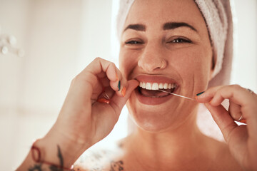 Portrait, happy woman and flossing teeth for dental wellness, oral care or hygiene in home...