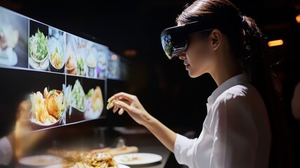 Woman Using VR Headset to Interact with Food Menu