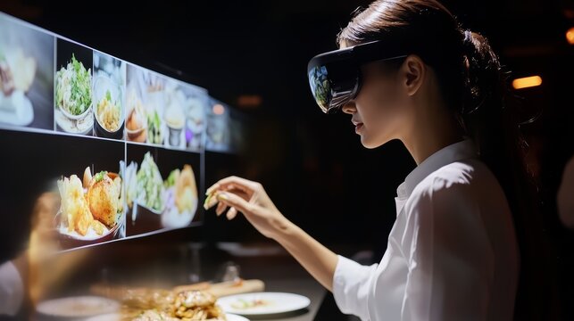 Woman Using VR Headset to Interact with Food Menu - Powered by Adobe