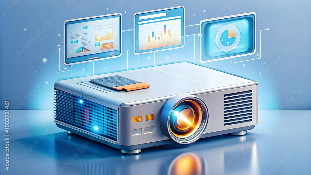 Poster futuristic projector displaying holographic business presentation with glowing background and copy s