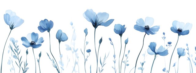 Watercolor blue flowers clip art set, vector illustration, simple and clean, white background