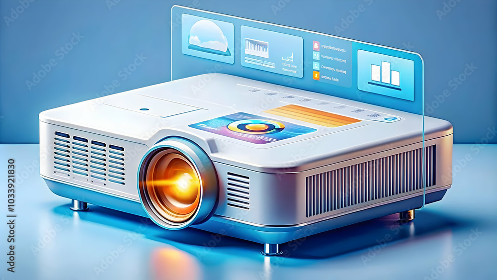 Poster close-up of a futuristic projector displaying holographic business presentation with glowing backgro