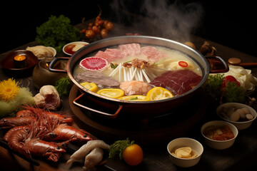 A steaming hotpot filled with a rich broth, bubbling with vegetables, meat slices, mushrooms, and tofu. The steam rises visibly, with intricate detail on every ingredient