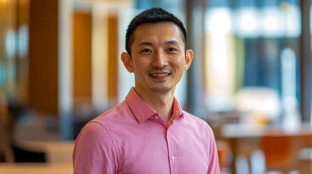 A man in his late thirties, wearing a pink shirt and smiling at the camera, standing inside an office.