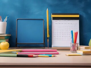 Back to school concept, Education and reading Various stationery school supplies on a dark background