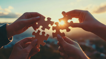 Four hands holding puzzle pieces against a sunset sky.
