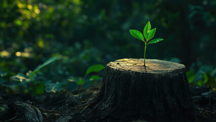 Green sapling growing out of a tree stump in a forest.