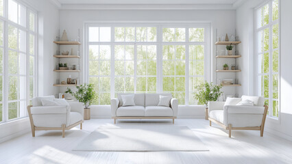 Minimalist living room with comfortable seating and bookshelves.