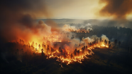 Dry grass burns on meadow in countryside at sunset. Wild fire burning dry grass in field. Orange flames and billowing smoke. Open fire.