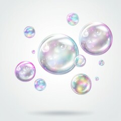 Naklejka premium Whimsical Soap Bubbles Floating in Mid-Air with Glossy Texture on White Background