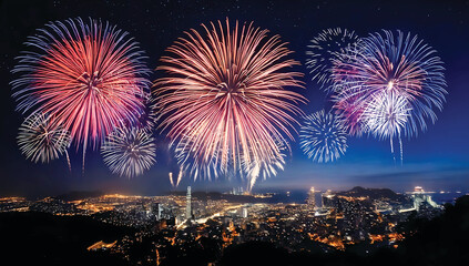 fireworks night sky with a city in the background
