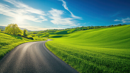 Fototapeta premium Winding road leading through rolling green hills under a blue sky with fluffy clouds.
