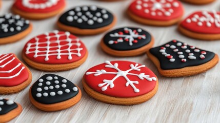 Red and black Christmas cookies in festive shapes on a decorated table, 3D illustration