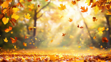 Falling autumn leaves in a forest with warm sunlight.