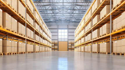 Fototapeta premium Efficient storage system with tall shelves filled with boxes in spacious warehouse. organized layout enhances productivity and accessibility, creating functional environment