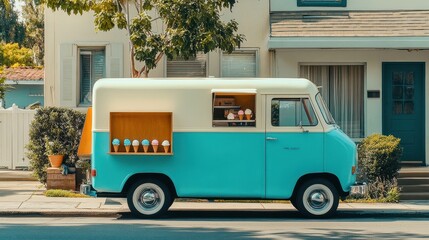 Charming ice cream truck parked on a sunny street with colorful treats
