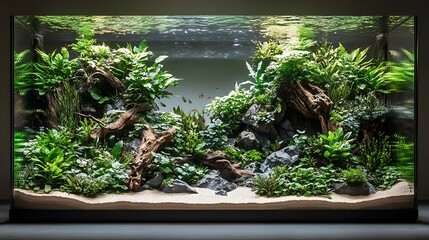 A detailed terrarium designed like an underwater environment, with lush aquatic plants growing around rocks and driftwood,
