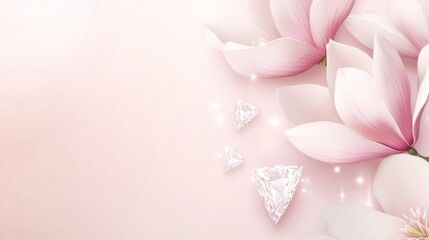Pink Magnolia Flowers and Sparkling Diamonds