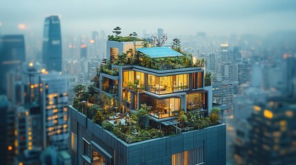 Stunning rooftop garden on a modern skyscraper, showcasing greenery and urban living with a breathtaking city backdrop.