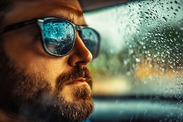 A man wearing sunglasses looking out the window of a car