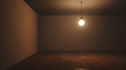 Dark empty room with single flickering light bulb casting long shadows, emphasizing absence of power and eerie atmosphere, minimalist setting with focus on light bulb's glow.