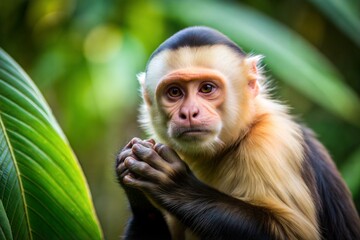 Fototapeta premium White-faced capuchin monkey close-up portrait in rainforest