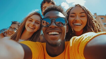 Multicultural cheerful friends taking selfie pic with smart mobile phone device - Youth community people laughing at camera together - Friendship concept with guys and girls having fun outdoors