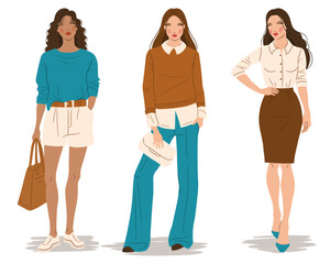 Vector flat illustration of fashionable women in colorful outfits. Fashion models, isolated on a white background.	