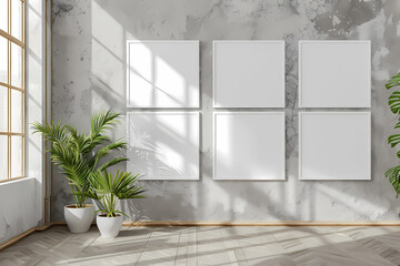 A bright and airy interior featuring empty frames on a textured wall, complemented by lush green plants and natural light streaming in.