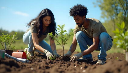 couple is engaged in planting young trees in sunny outdoor setting, showcasing teamwork and commitment to nature. Their focused expressions reflect shared passion for gardening and environmental