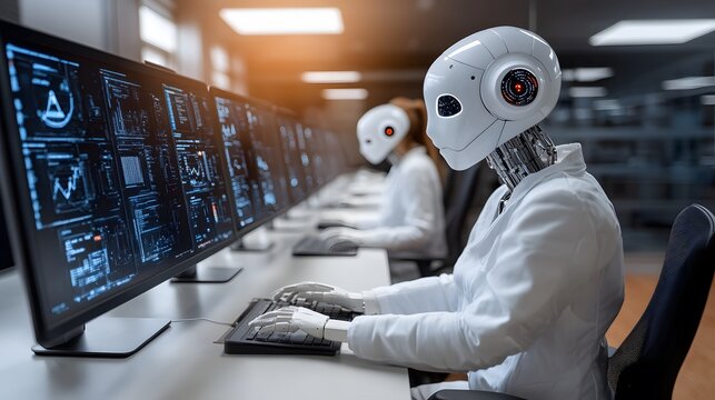 Hybrid work environment with employees using AI-powered tools to boost productivity and manage workflows