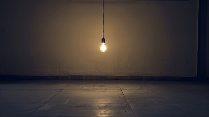 Dark empty room with single flickering light bulb casting long shadows, emphasizing absence of power and eerie atmosphere, minimalist setting with focus on light bulb's glow.