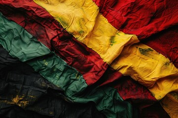 Obraz premium Black History Month banner, vibrant textile texture, red yellow green and black paint flag color background. Juneteenth Freedom Day Celebration, african liberation day concept