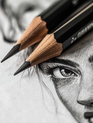 A close up of a pencil drawing of an eye with a black pencil in the center