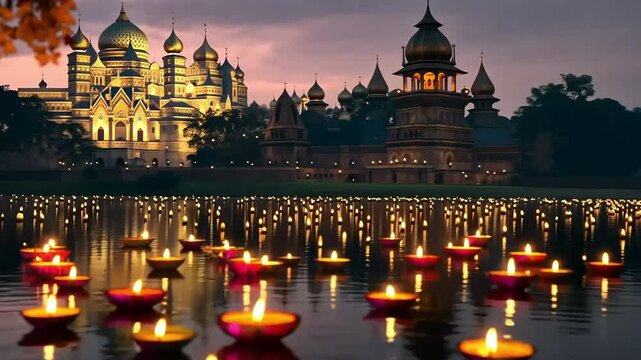 Diwali festival with floating candles in a river and a temple background. India holiday concept