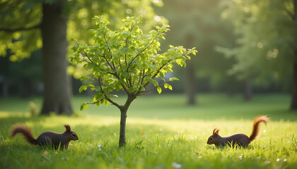 Fototapeta premium Squirrels playfully explore lush green park, surrounded by vibrant foliage and small tree. warm sunlight creates serene atmosphere, highlighting beauty of nature