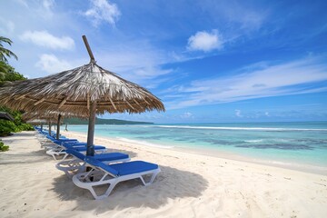 A tropical beach with a thatched umbrella and blue lounge chairs overlooking a turquoise ocean under a clear blue sky