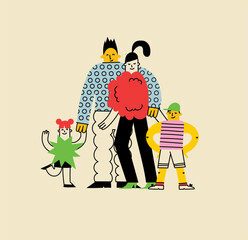 Happy big families illustration. Parents and kids embrace with love, support. Mothers, fathers, children cuddle. Flat graphic vector illustrations isolated in trendy geometric style