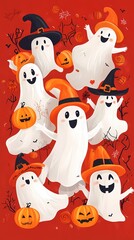 Obraz premium Playful cartoon ghosts in colorful hats celebrating Halloween with pumpkins.