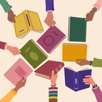 Diverse hands holding books. People exchanging, borrowing and recommending literature. Hand drawn vector illustration isolated on light background, flat cartoon style.