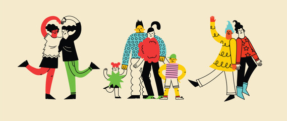 Happy big families illustration. Parents and kids embrace with love, support. Mothers, fathers, children cuddle. Flat graphic vector illustrations isolated in trendy geometric style