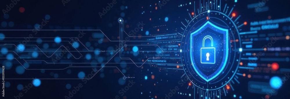 Poster cybersecurity shield with lock symbol on digital network. high-tech shield with padlock icon for cyb