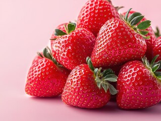 Fresh strawberries piled on a soft pink background, showcasing their vibrant color and texture.