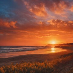 Naklejka premium A bright sunset orange backdrop with a textured, painterly effect, capturing the warmth and intensity of a summer evening