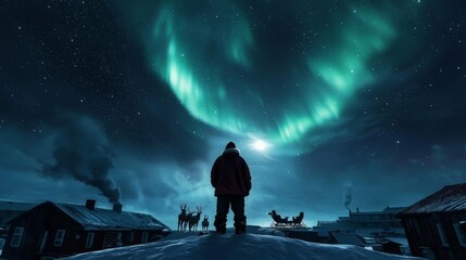 Obraz premium Santa Claus standing on a snow-covered rooftop at night, the sky filled with twinkling stars and the soft glow of the Northern Lights, his sleigh and reindeer silhouetted against the bright moon