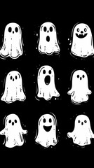Obraz premium Nine playful ghost illustrations on a black background.