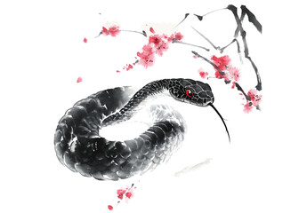 2025年巳年年賀状素材水墨画風