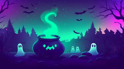 A whimsical Halloween scene with a glowing cauldron and playful ghostly figures.